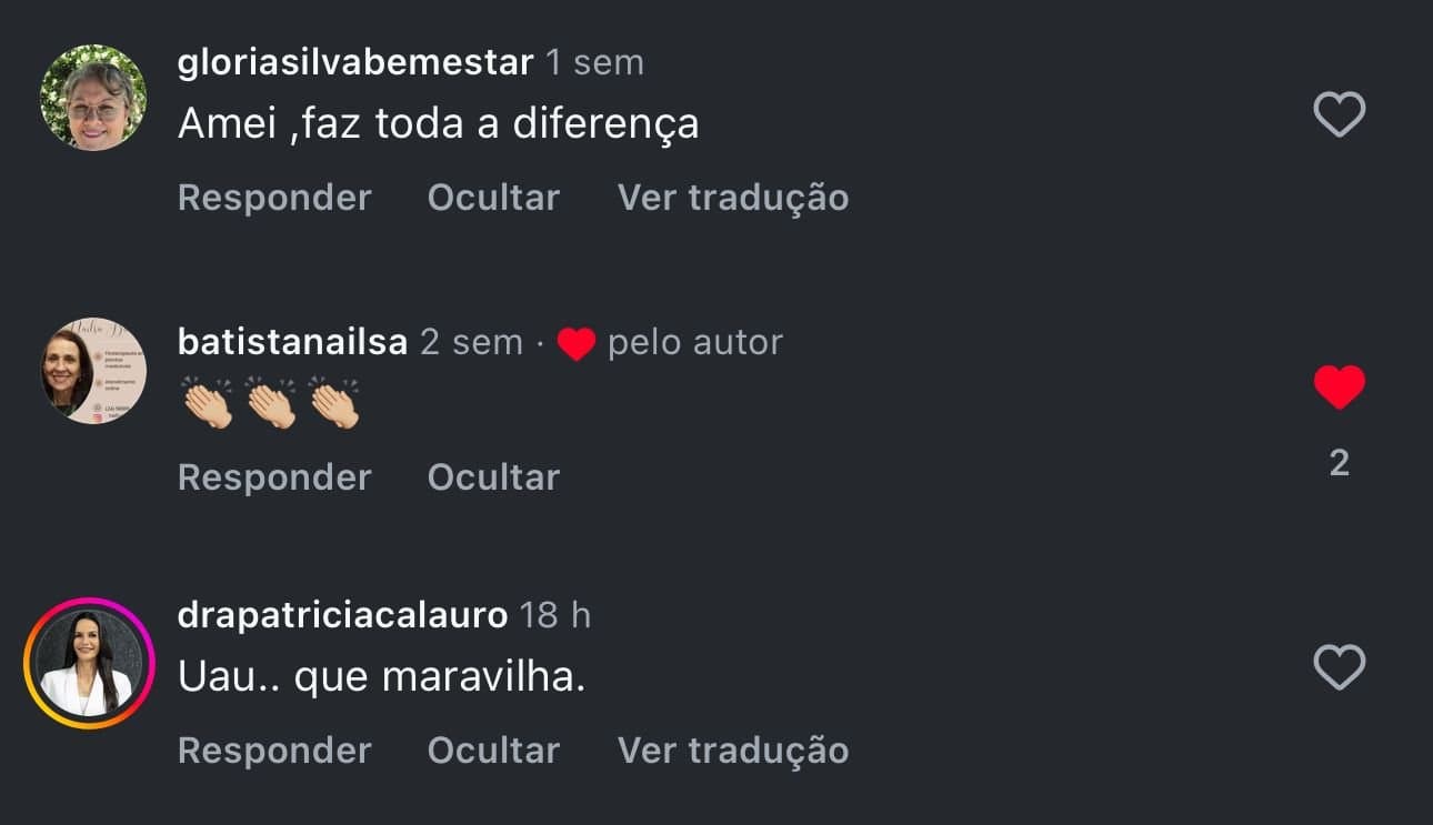 Comentários reais no Instagram: profissionais da saúde elogiando a planilha